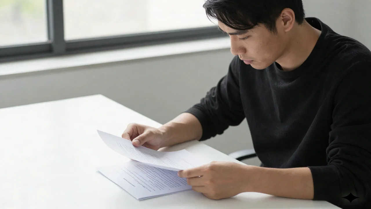 デスクで文書を確認しながら客観的な要約を書くプロフェッショナルな書き手