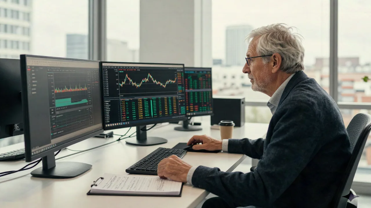 A financial analyst studying trading charts in a European office, paper trading practice session