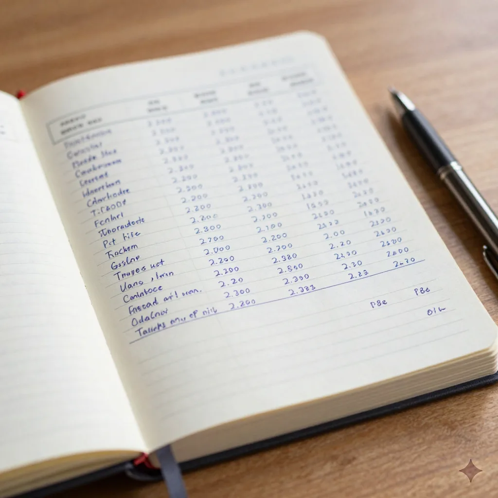 Trading journal with handwritten trade entries and P&L calculations
