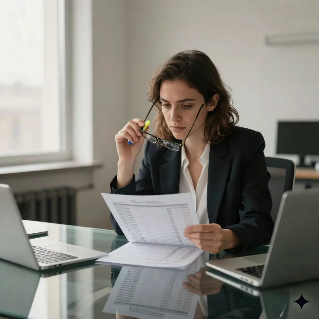 Analyst reviewing printed trading performance data at a European office desk