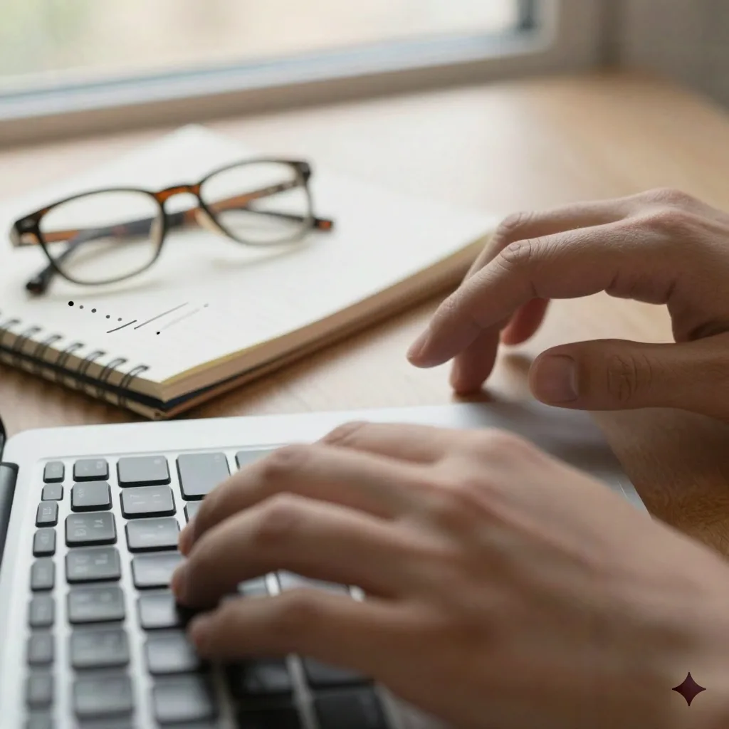 Mains sur un clavier avec un carnet montrant des points listés pour préparer un résumé objectif