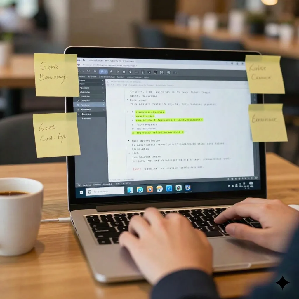 Ordinateur portable ouvert sur un logiciel d'édition de texte avec passages surlignés et annotations pour un résumé objectif