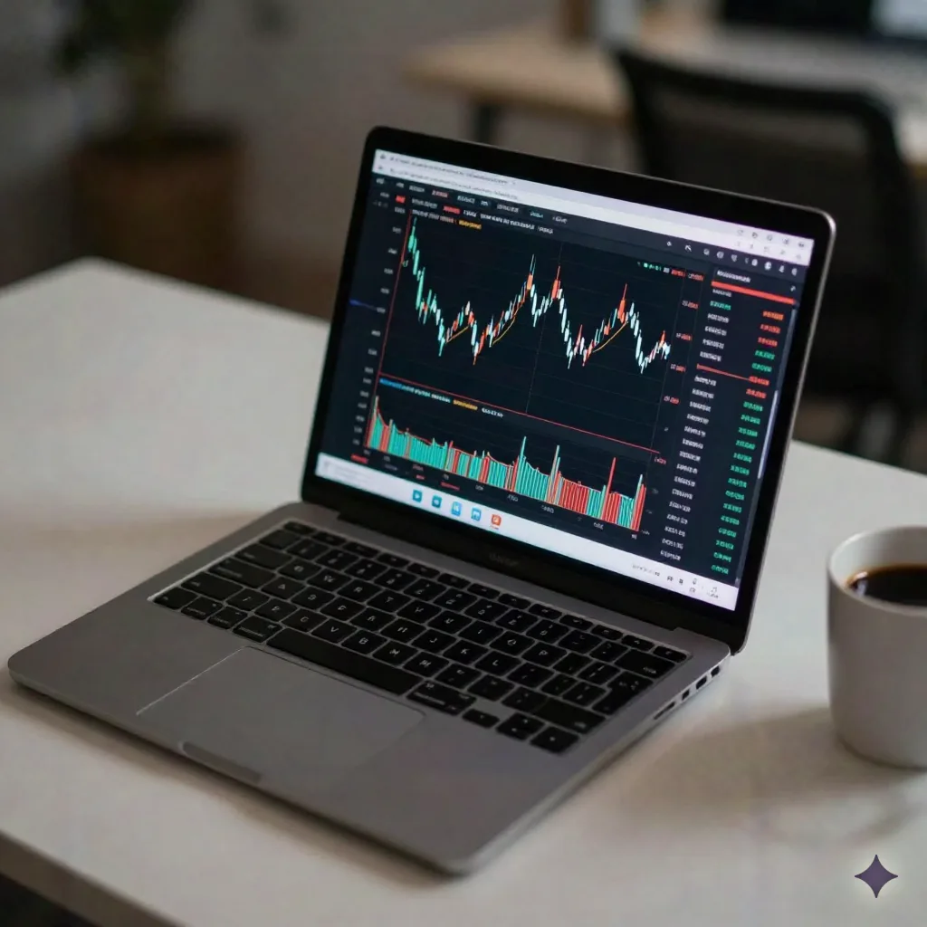 Laptop displaying candlestick chart trading interface on a minimalist desk
