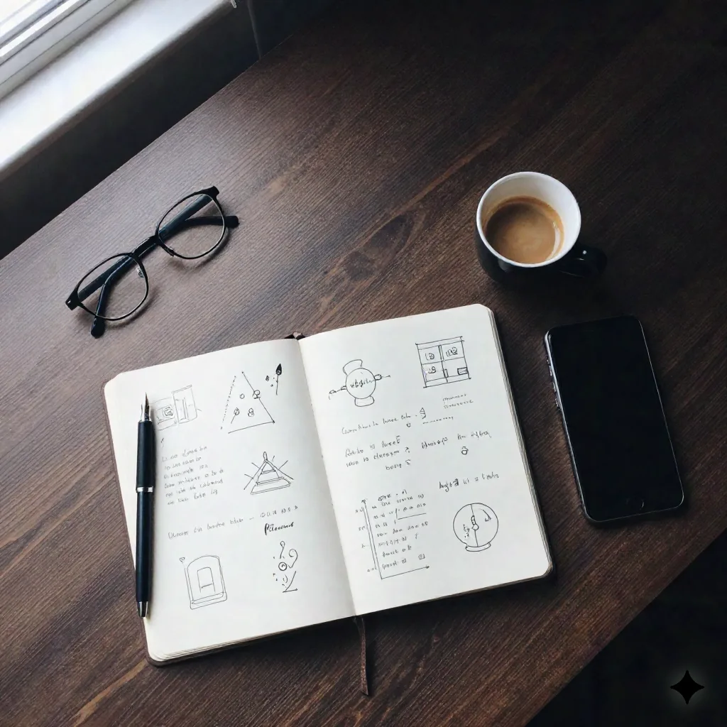 Flache Ansicht eines Notizbuchs mit handschriftlichen Notizen, Telefon und Kaffee auf einem Schreibtisch
