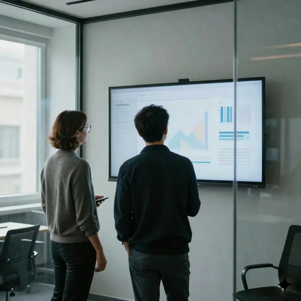 Zwei Kollegen überprüfen Diagramme auf einem Wand-Bildschirm in einem Glas-Konferenzraum