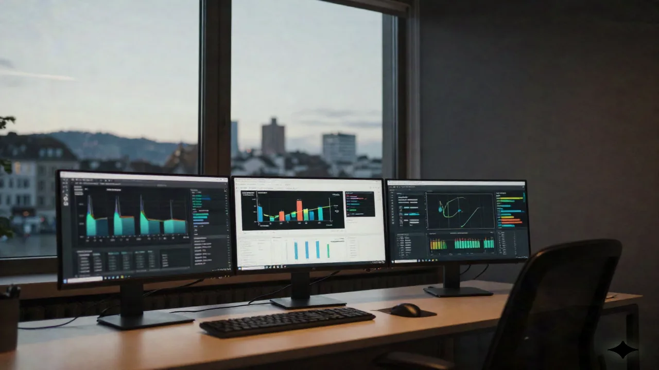 Analystin an einem Schreibtisch mit mehreren Monitoren, die Deal-Dashboards in einem europäischen VC-Office bei Dämmerung zeigen