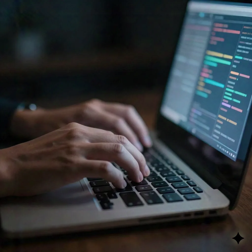 Nahaufnahme von Händen auf einer Laptop-Tastatur mit leuchtenden Daten-Dashboard auf dem Bildschirm