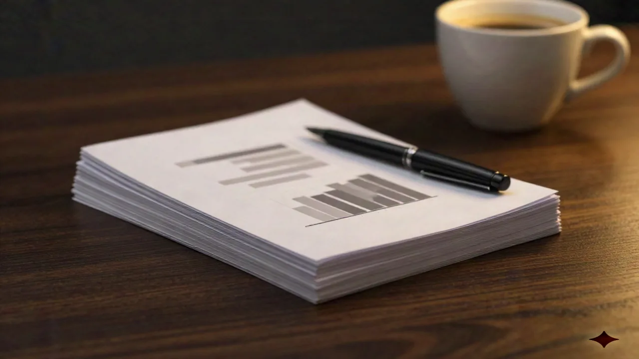 Fanned stack of printed pitch deck slide pages on a dark desk with a pen and espresso cup