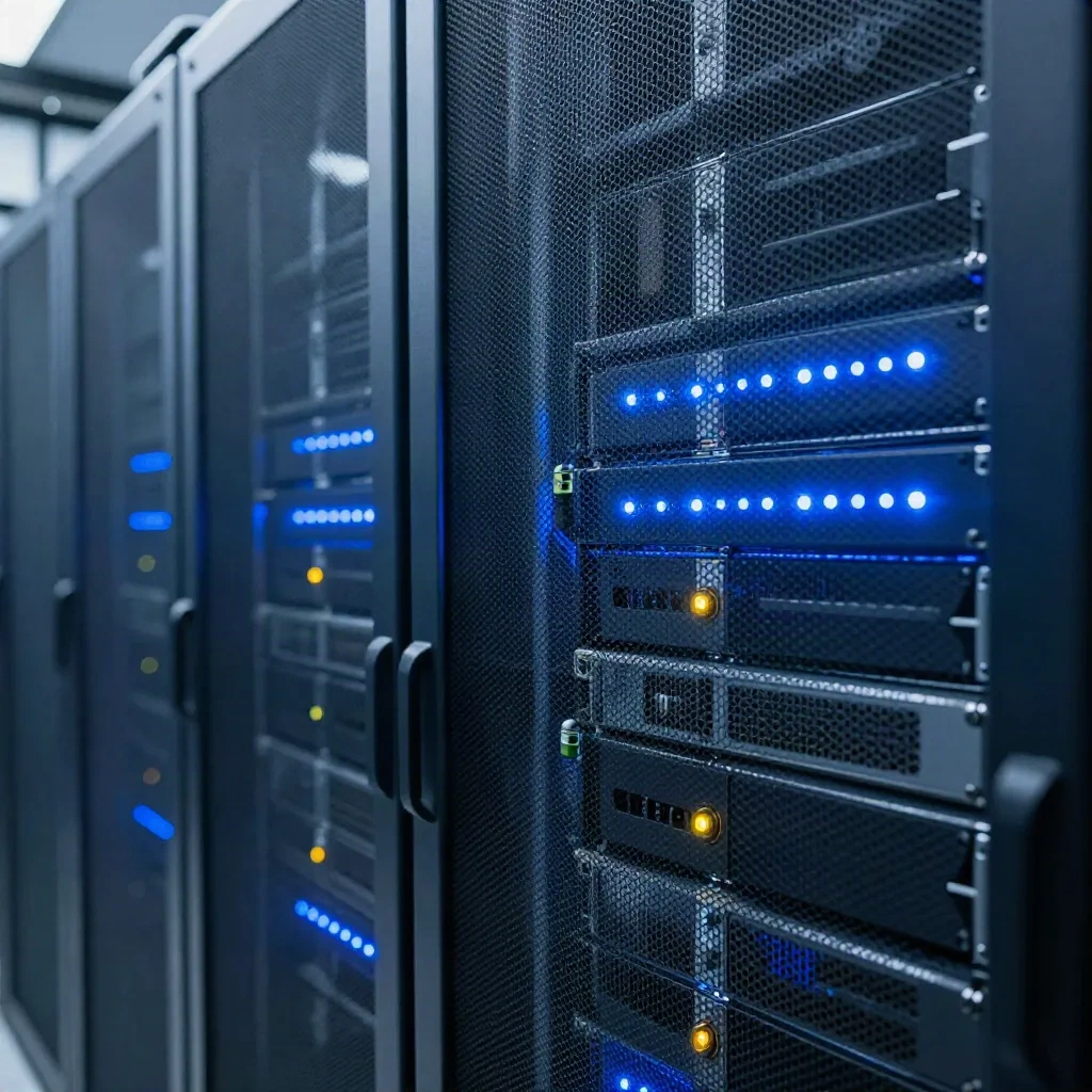 Server infrastructure in a data center, blue LED indicators in rows