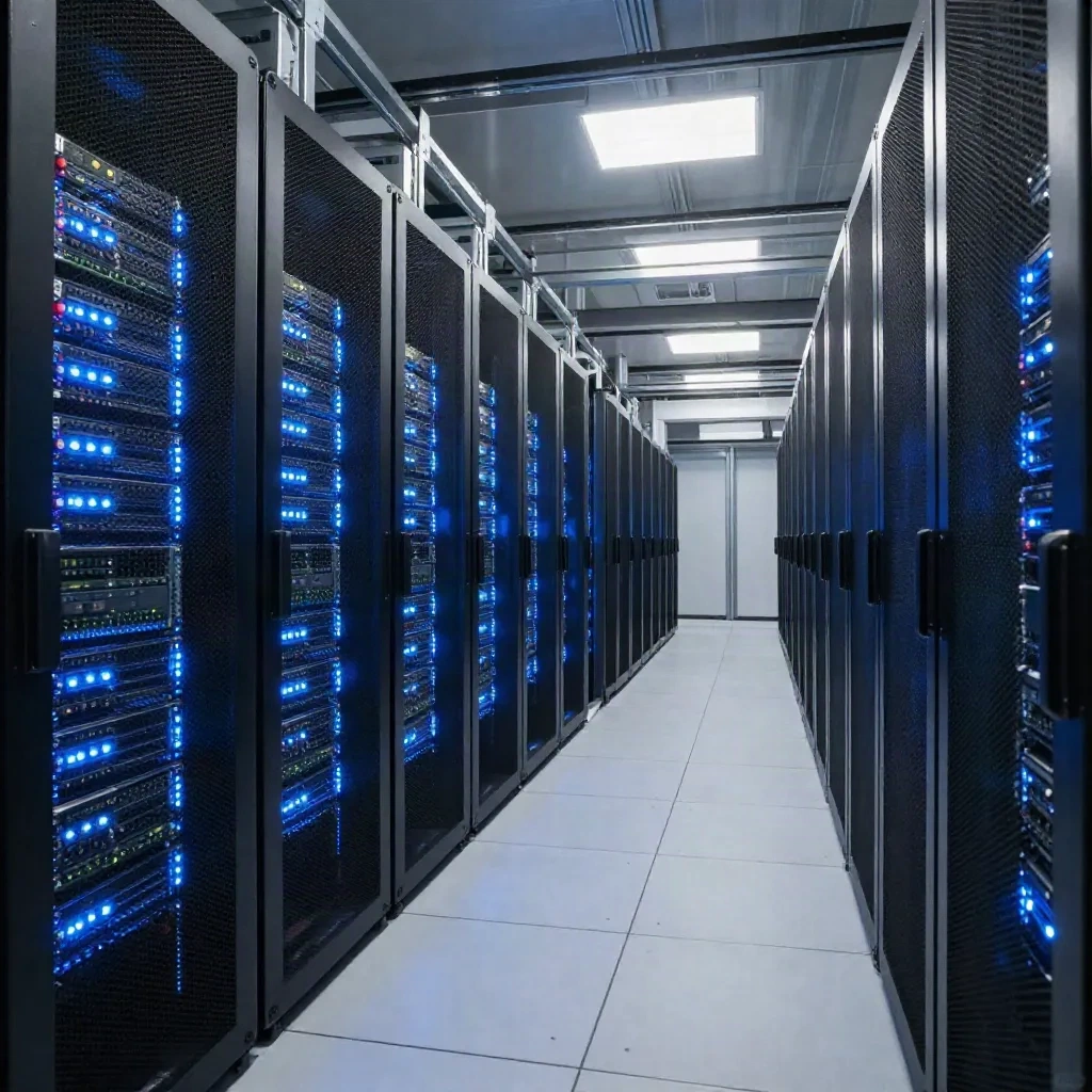 Hyperscale AI data center rows of servers with blue LED lighting