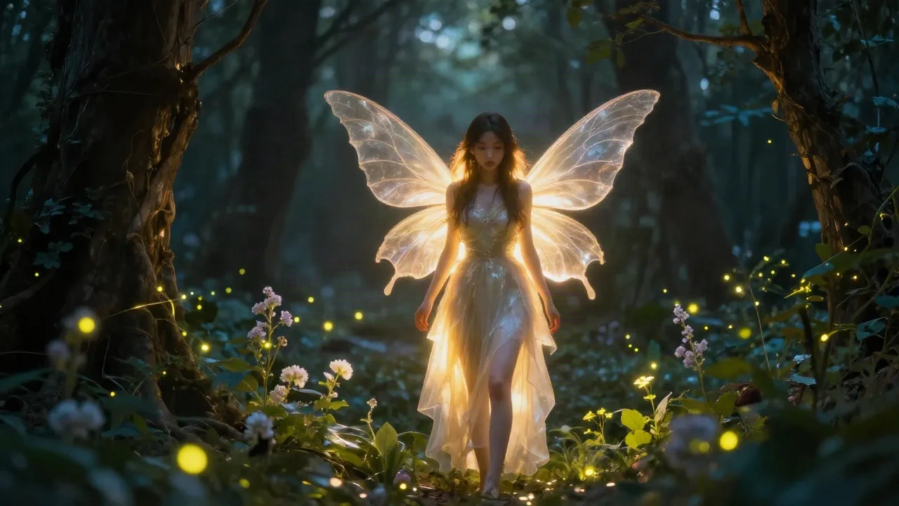 Luminous fairy in an enchanted forest with glowing fireflies