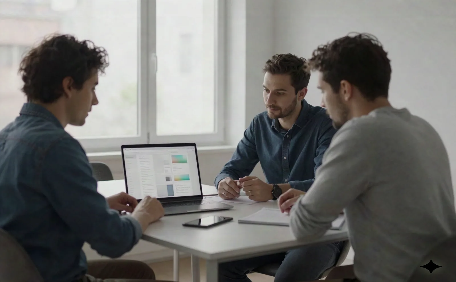 A three-person early-stage VC team reviewing a shortlist together on a laptop in a Swiss meeting room