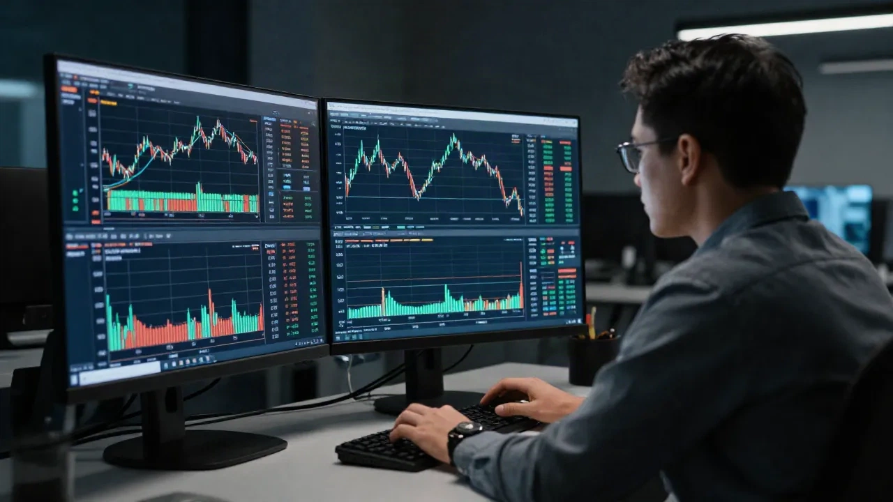 Trader professionista che monitora molteplici schermi di mercato azionario con grafici finanziari e pattern di candele