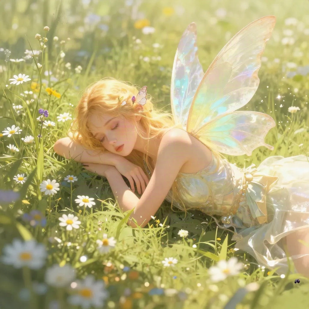 Seelie court fairy with golden hair resting on wildflowers in sunlight
