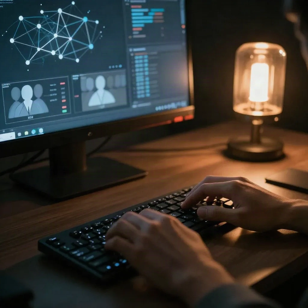 Analyst working on behavioral audience segmentation data with network graphs on screen