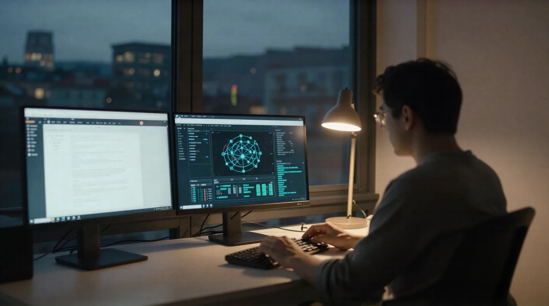 VC-Analyst am Schreibtisch in Zürich mit Monitor-Dashboard und Skyline-Blick