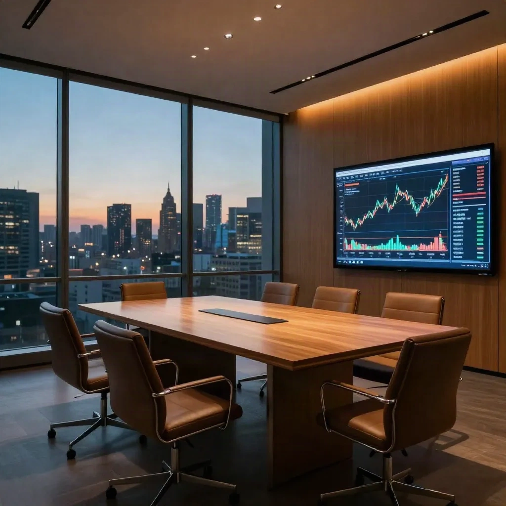 Modern European boardroom with market data visualization on the wall screen