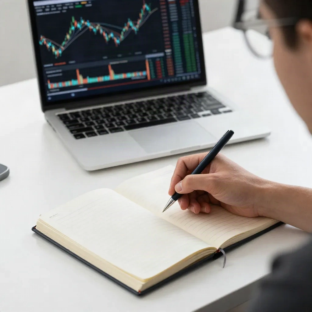 Trader writing in a structured trading journal at a clean desk with laptop displaying financial charts