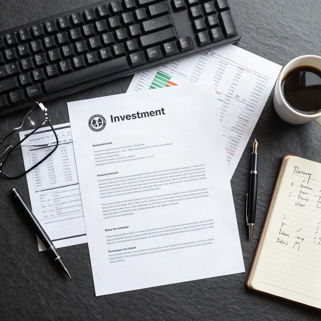 Investment memo documents and financial analysis materials on a desk representing the IC memo drafting process for quantitative strategies