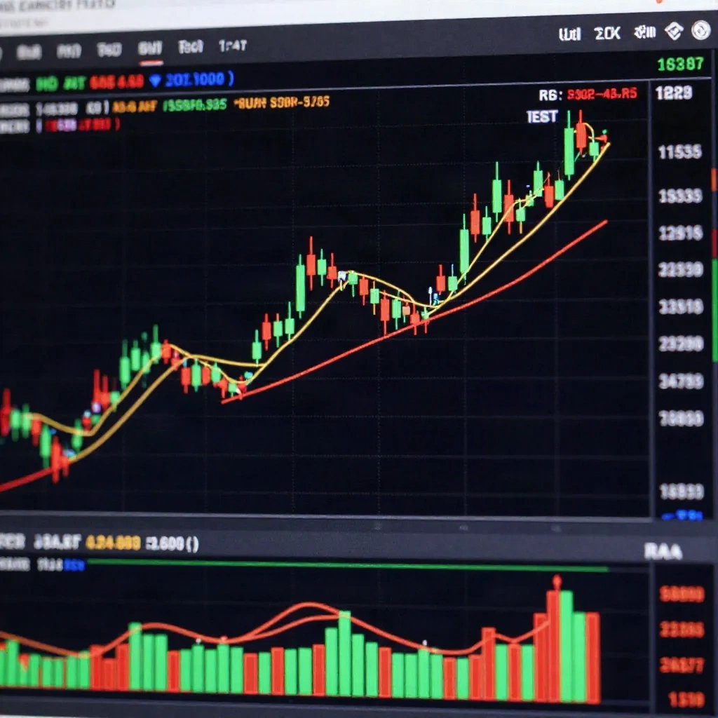 Candlestick chart patterns on a trading platform with RSI and moving average technical indicators