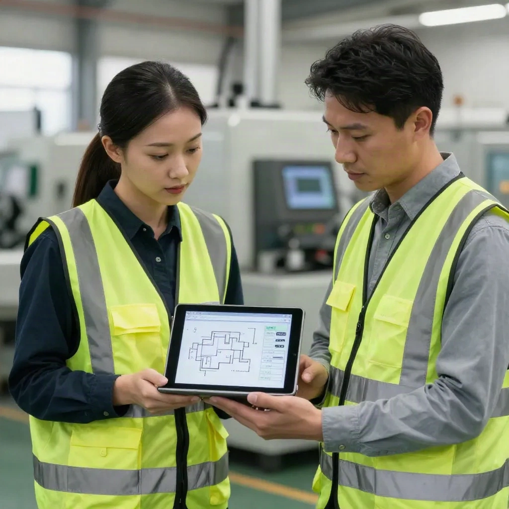 Two manufacturing engineers reviewing process flow diagrams and production metrics on a tablet at the production floor