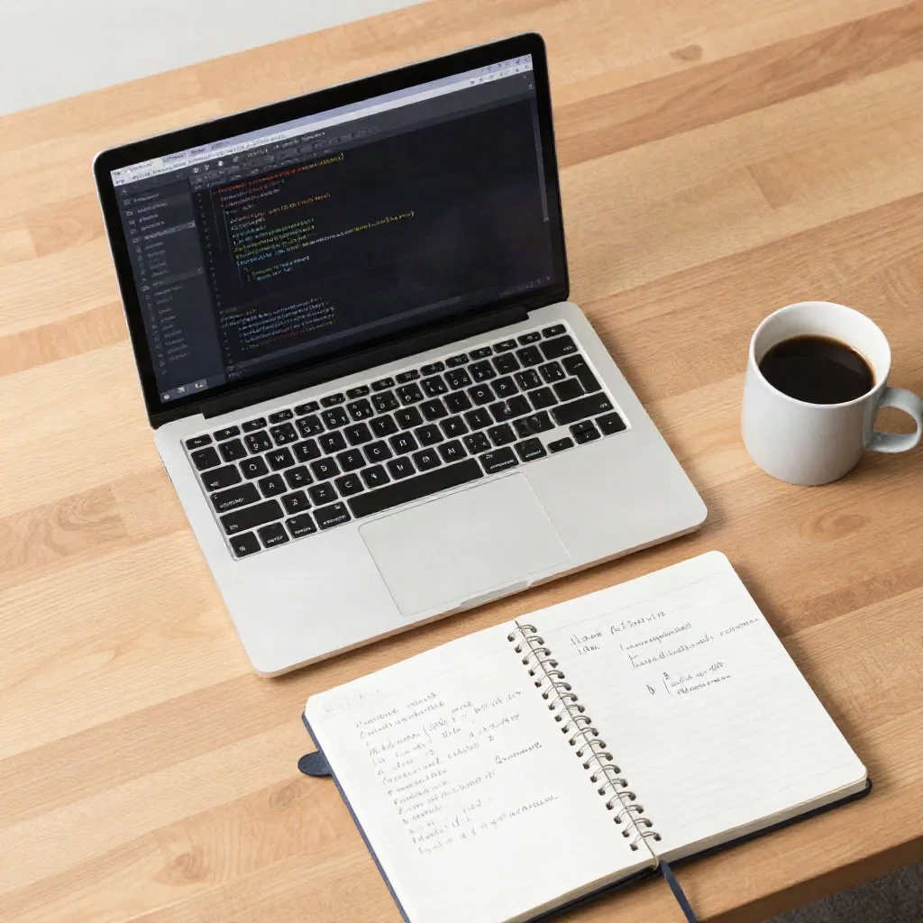 Developer workspace with laptop showing WordPress code and performance notes