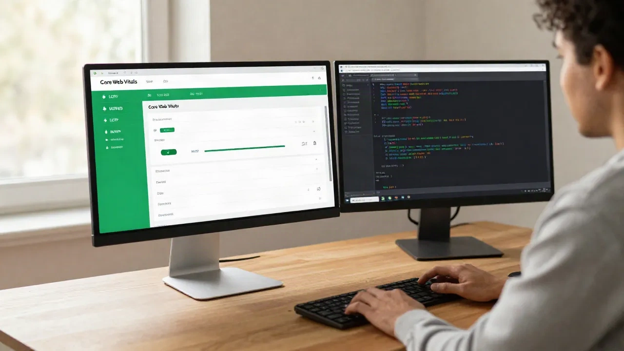 WordPress-Entwickler konsultiert Core Web Vitals Metriken auf zwei Bildschirmen