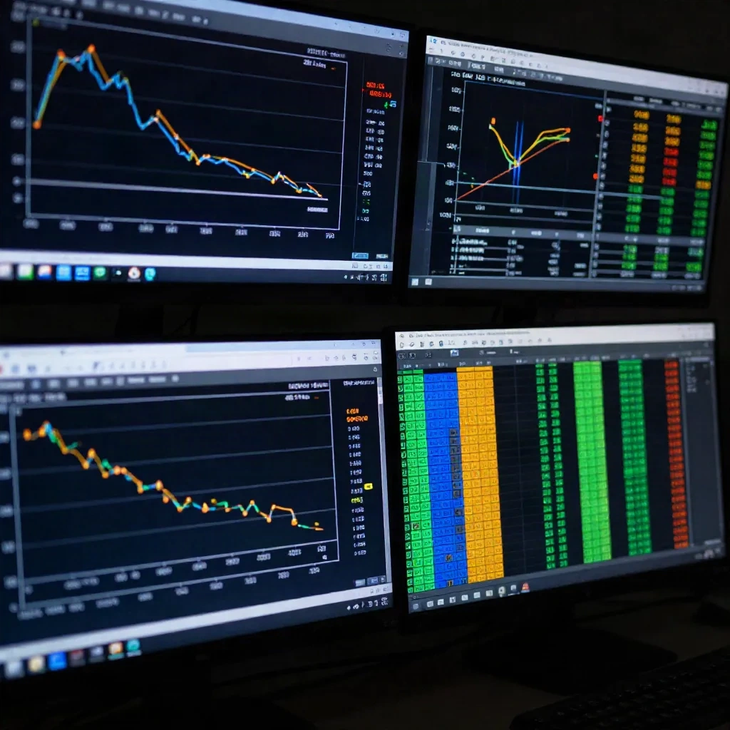 Machine learning model training curves and financial data visualizations on multiple monitors in a quant trading environment