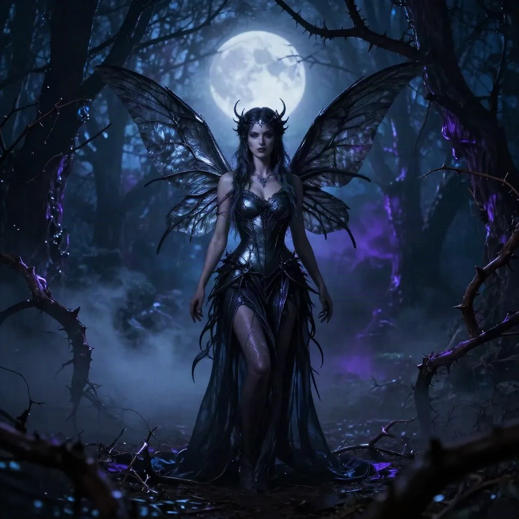 Dark Unseelie fairy with silver-black wings in a moonlit forest