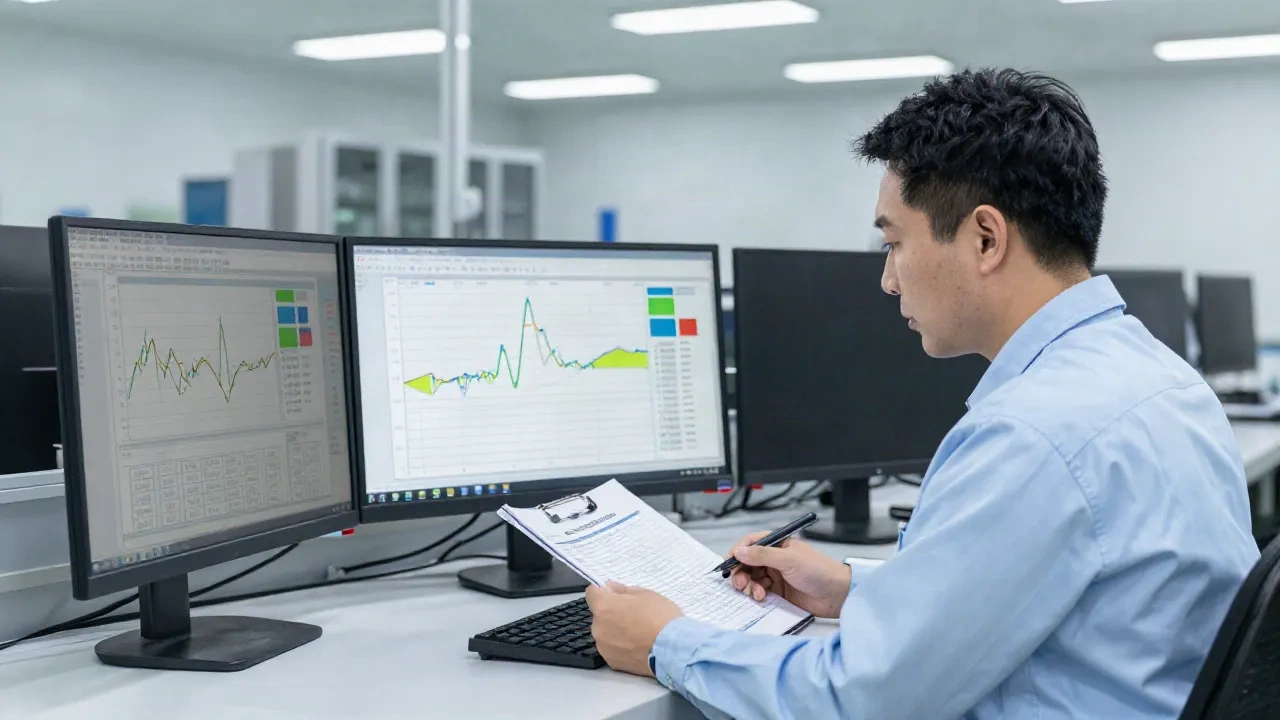 Operations Manager überprüft einen Prozessanalyse-Bericht mit Engpass-Analyse an einer Industriearbeitsstelle