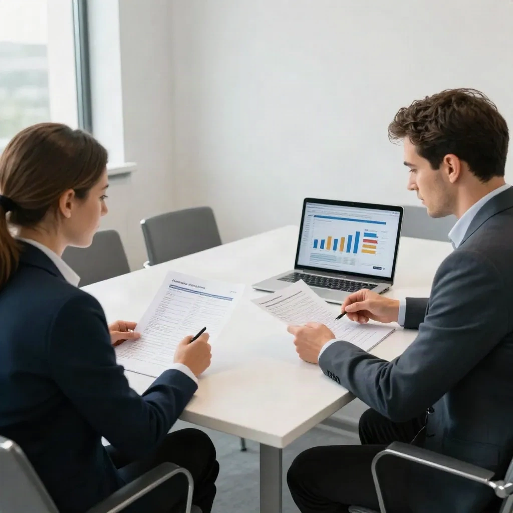 Two investment analysts reviewing audience data reports in a European conference room