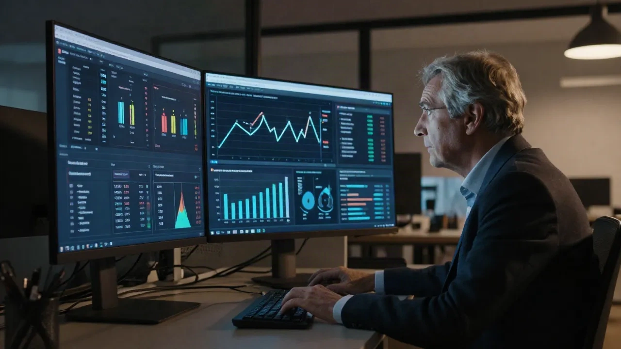 VC analyst reviewing audience research data on multiple screens in a modern office
