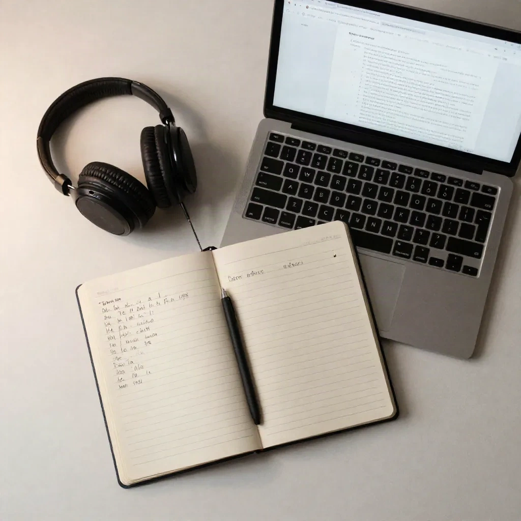 Knowledge worker desk with wireless headphones, notebook and laptop for audio reading workflow