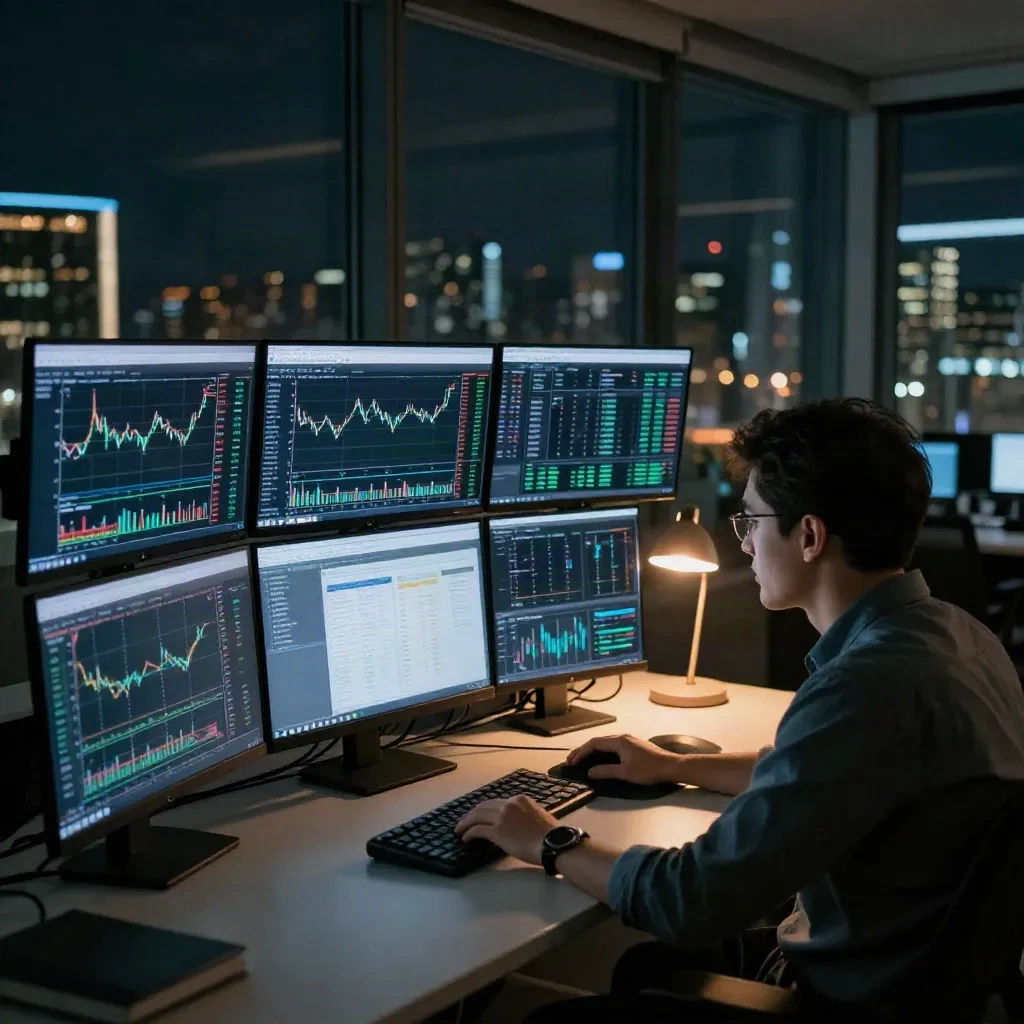 Quantitative analyst reviewing portfolio performance dashboards and backtesting charts in a modern European financial office