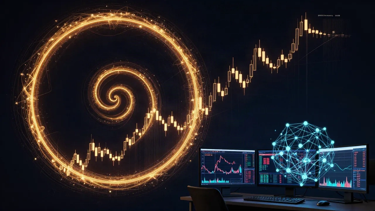 Abstract visualization of AI quantitative trading showing algorithmic signals and financial data streams against a dark navy background