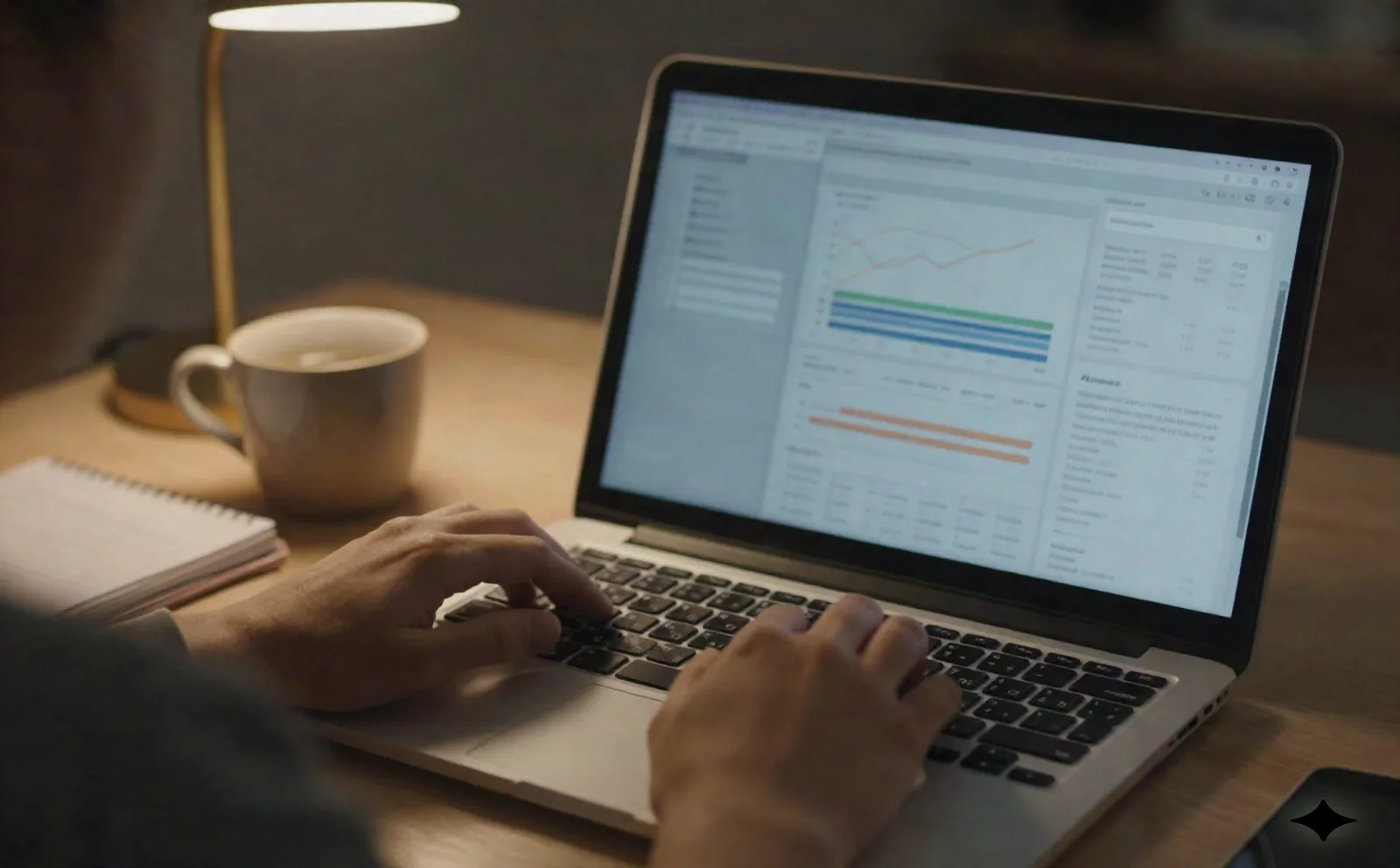 Analyst hands typing on a laptop showing a blurred deal dashboard, coffee and notebook on the desk