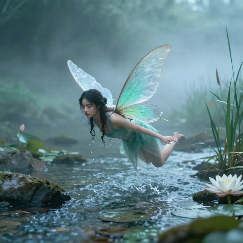 Water fairy hovering above a crystal stream surrounded by morning mist