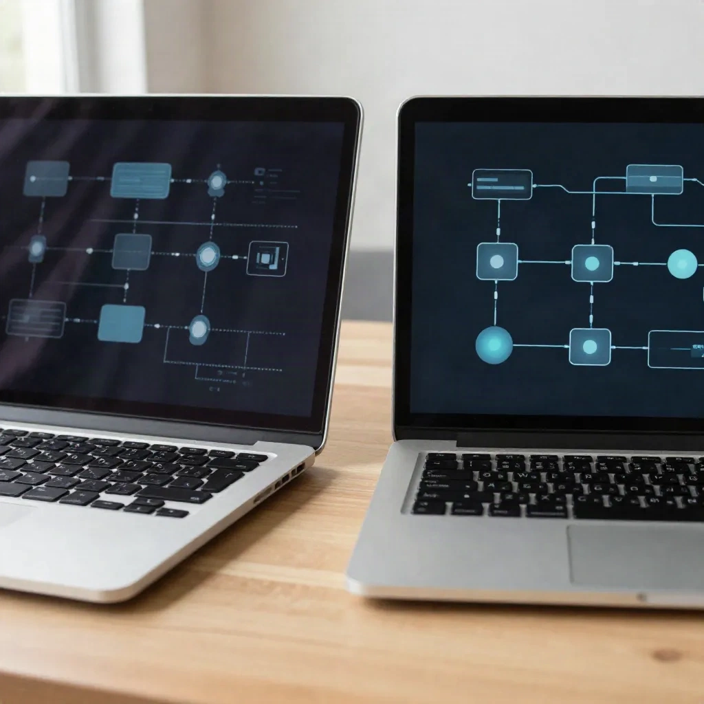 KI-Agenten-Workflow-Pipeline-Diagramme auf Laptops in einem Startup-Büro