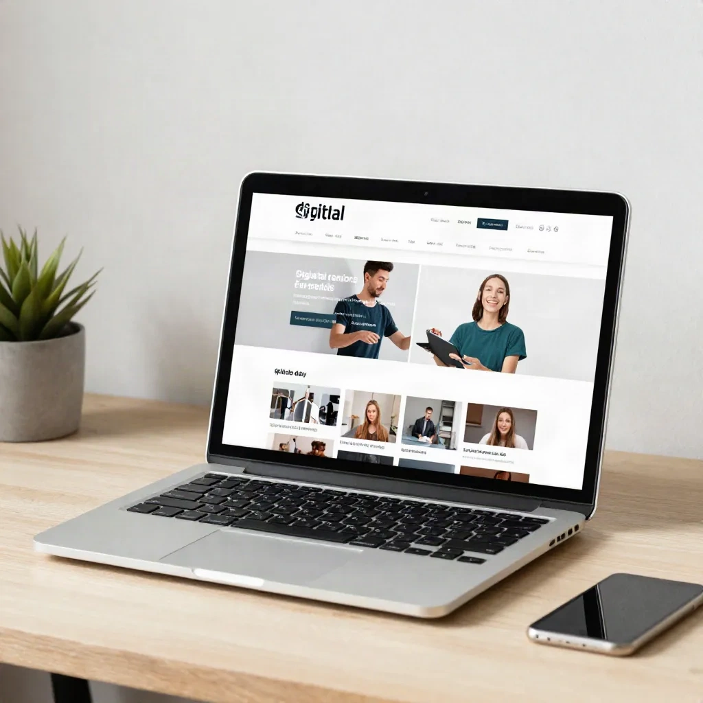 Creator working at laptop with digital products shop on screen minimal clean desk