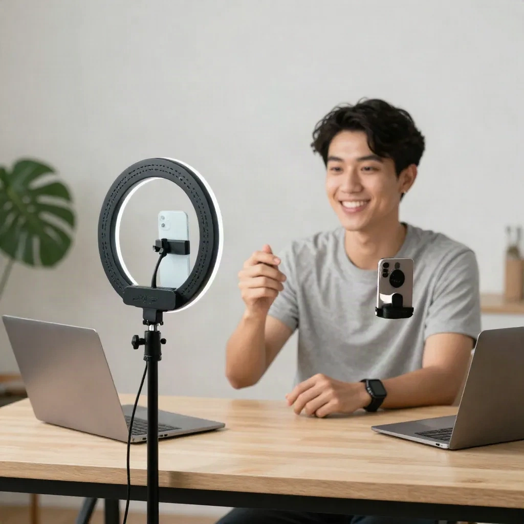 Content creator filming product review video with ring light in home studio setup