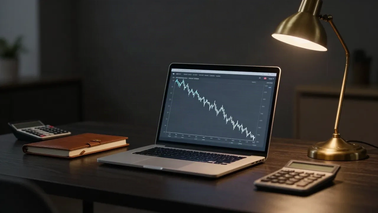 A dark editorial desk at night with a laptop showing a declining cash runway chart, a leather notebook, and two calculators under brass desk-lamp light