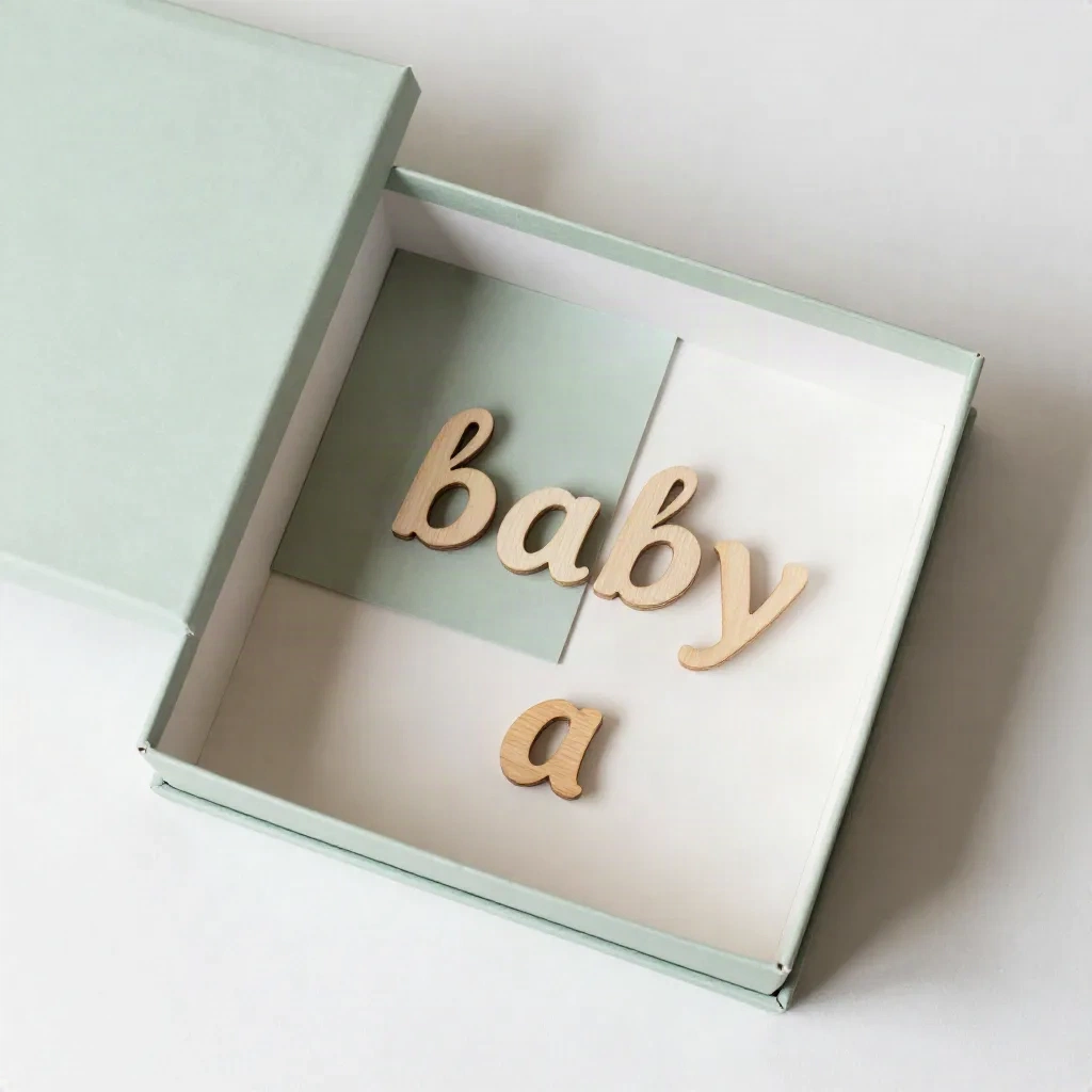 baby name reveal gift box with wooden letters pastel colors