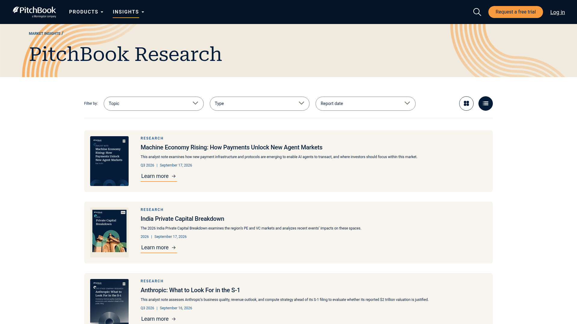 PitchBook Research page listing dated 2026 market intelligence reports