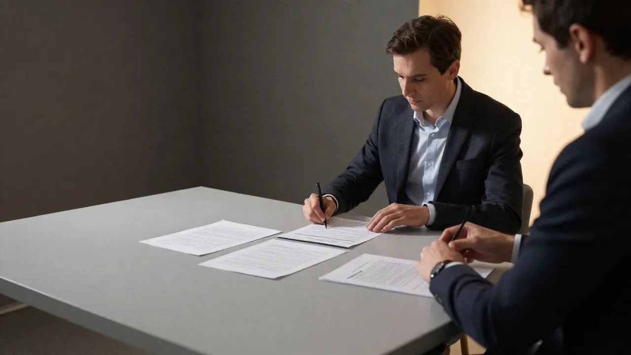 VC analyst reviewing a term sheet at a clean desk in a European investment office