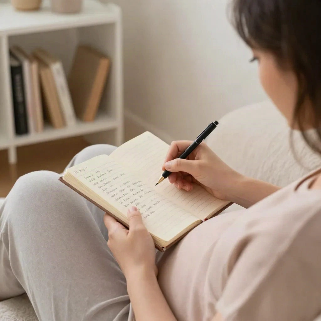 parent writing baby name ideas in a notebook at home