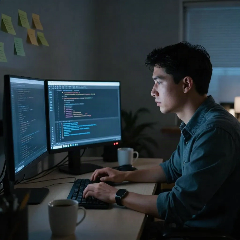 Developer working at dual monitor setup reviewing pull requests in a dark home office