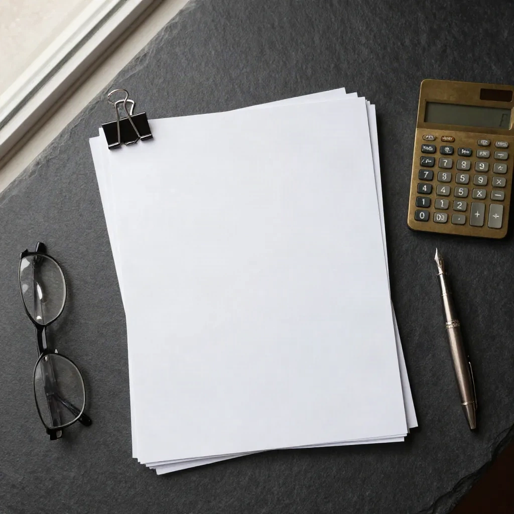 Blank term sheet pages, calculator, pen and glasses on a slate desk