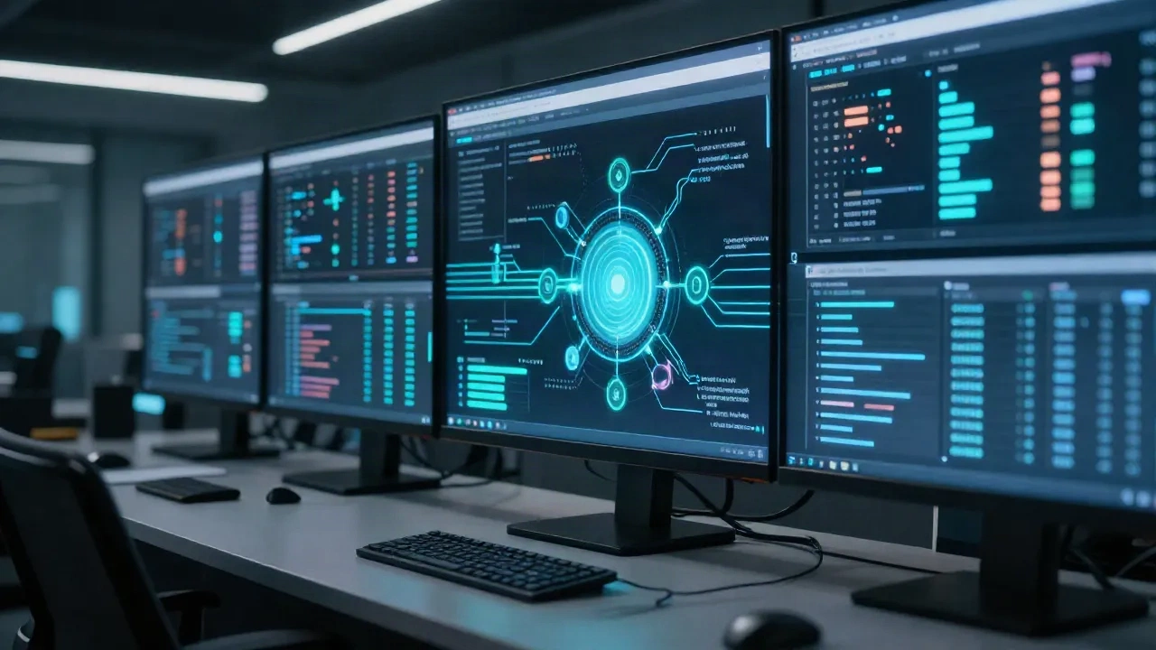 A marketing control room with AI campaign routing dashboards and autonomous data streams