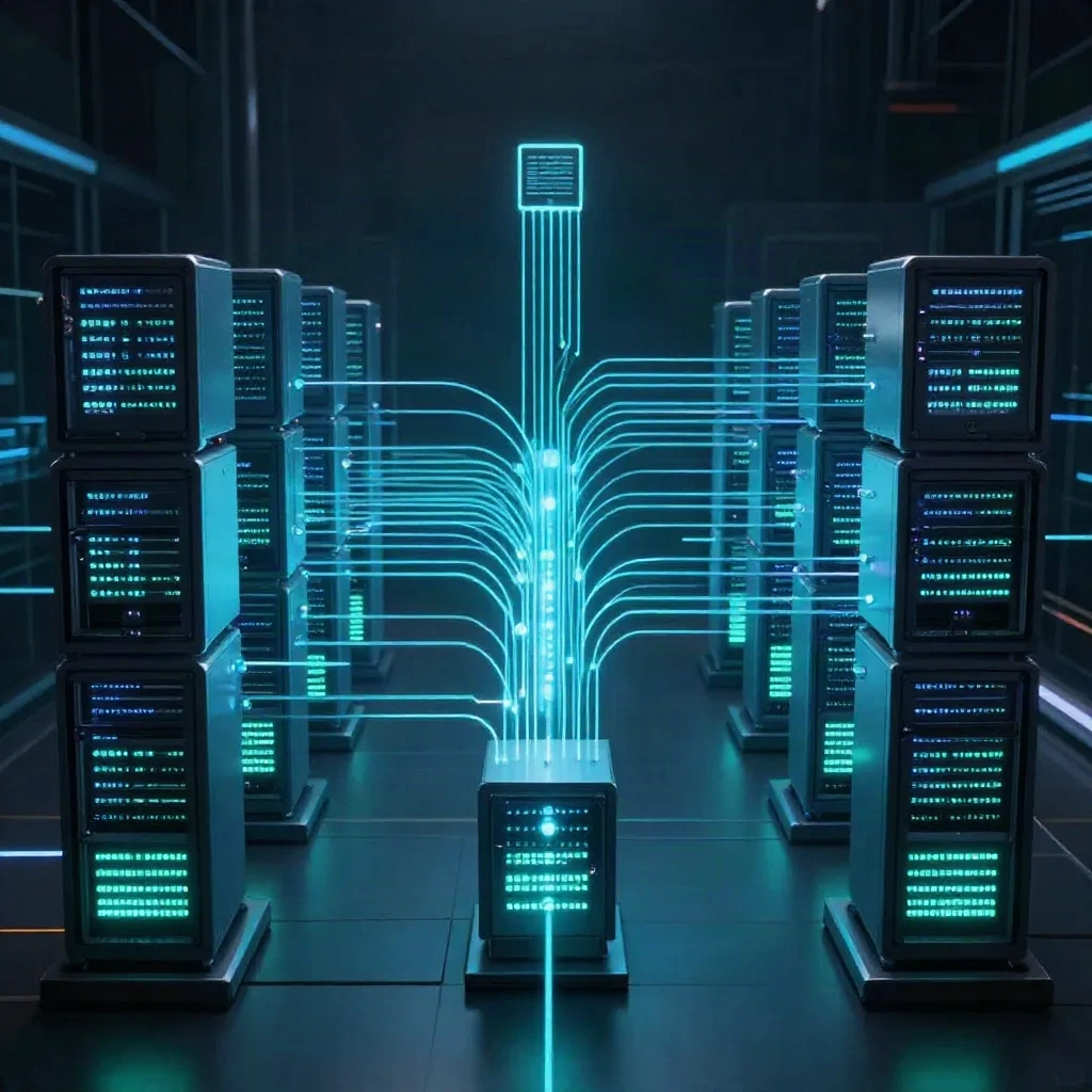 Multiple parallel deployment pipelines flowing from a central codebase, abstract DevOps infrastructure concept