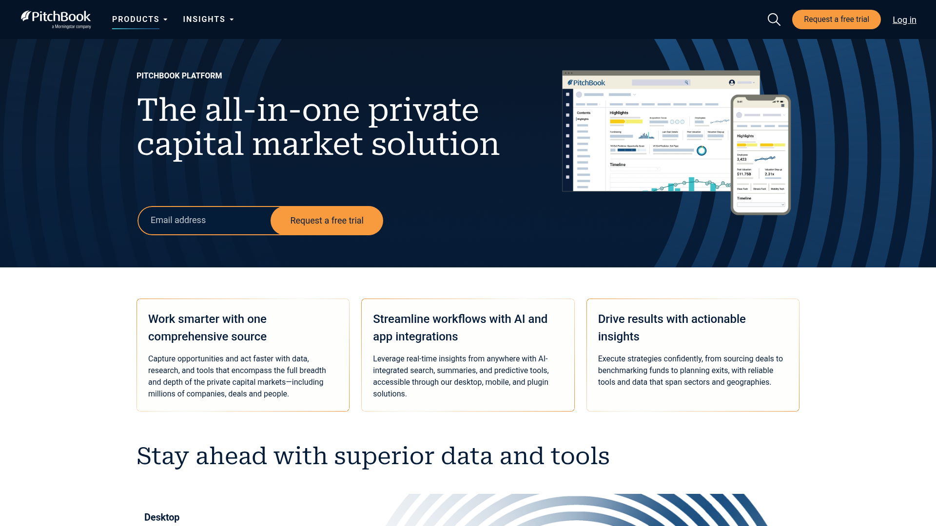 PitchBook Platform product page showing desktop and mobile interface previews